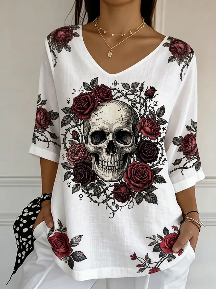 Women's Nashville Gothic Skull Rose Printed V-neck Top
