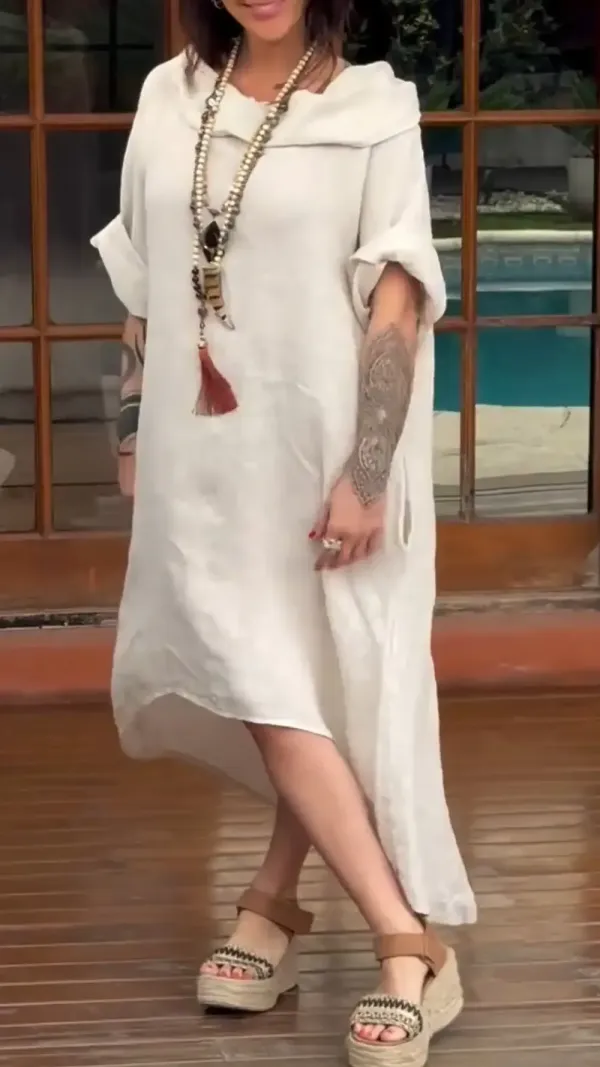 Women's Hooded Cotton and Linen Short-sleeved Casual Dress