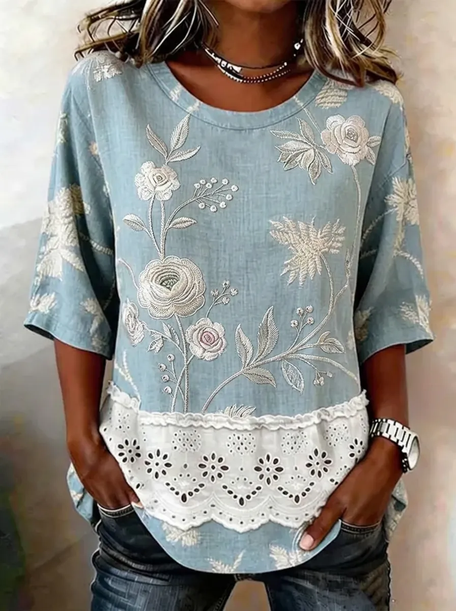 Women's Nashville Floral Embroidery Lace Trim Printed Top