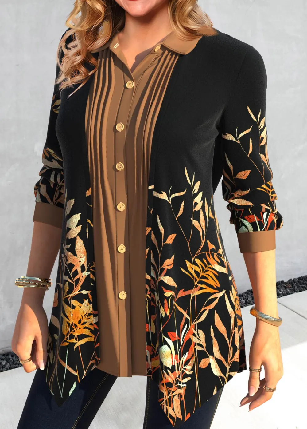 Black Fake 2in1 Leaf Print Long Sleeve Blouse
