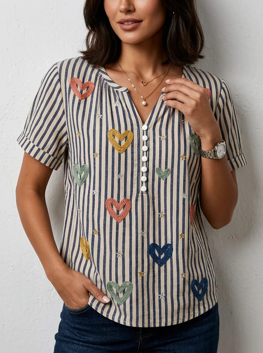 Women's Nashville Heart Star Striped Embroidered Button Top