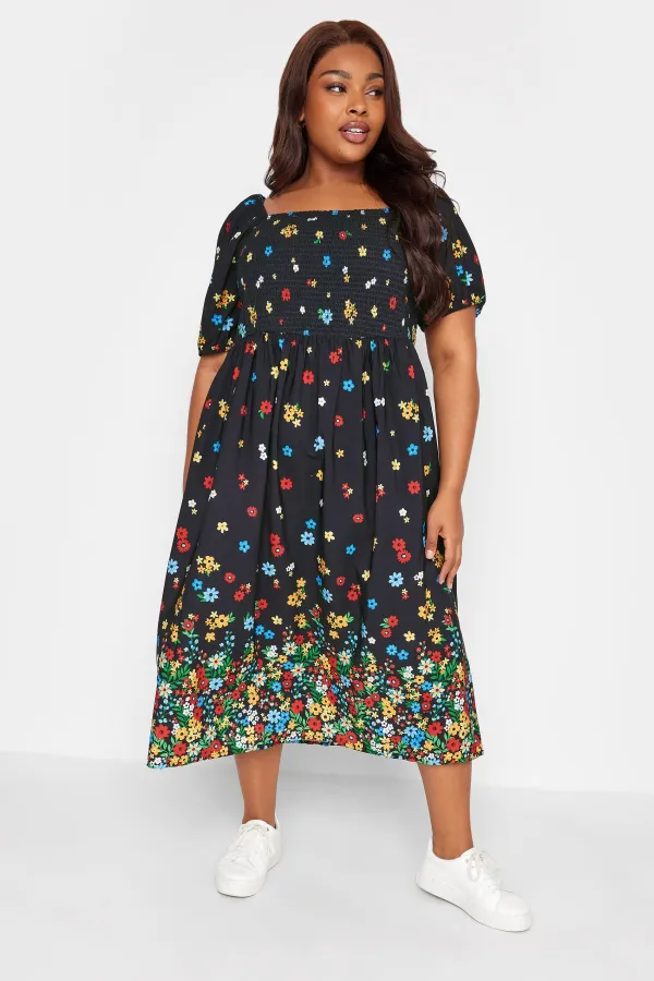 YOURS Curve Black Floral Print Shirred Midi Dress