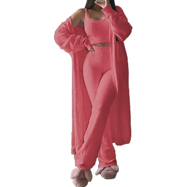 Women's Loungewear Sets Fluffy Fuzzy Sweatsuit 3 Pieces Pajama Pure Color Warm Fashion Simple Party Home Street Fleece Crew Neck Sleeveless Crop Top Pant Elastic Waist Winter Fall Black Camel