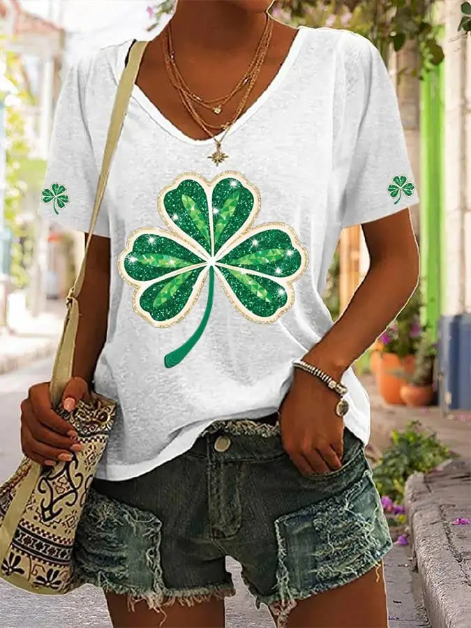 Women's St. Patrick's Day Glitter Shamrock Print T-shirt