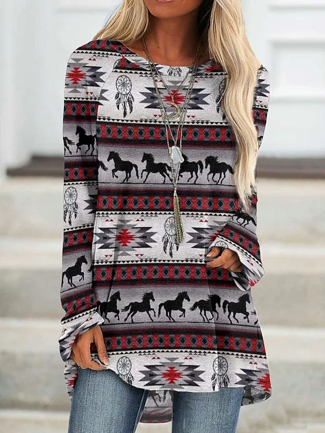 Women's T shirt Tee Burgundy Tee Tunic Shirts Marron Yellow Light Green Geometric Plaid Print Long Sleeve Casual Vintage Tunic Ethnic Round Neck Regular Fit Bohemian Theme Geometric Plus Size Fall