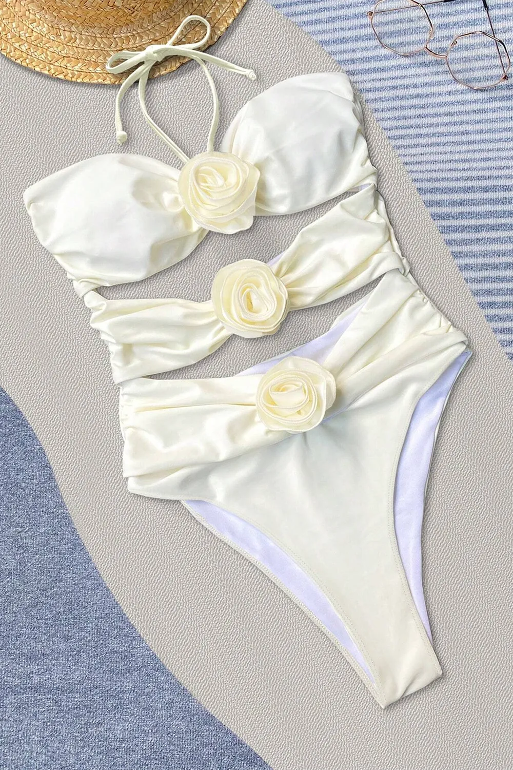 Bikinx Monochrome Halter Neck 3d Flower Decoration Sexy One-piece Swimsuit