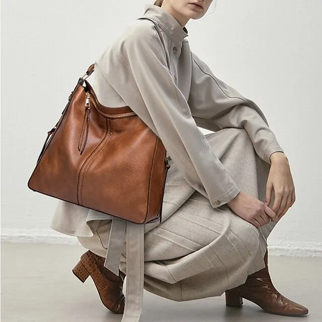 Women's Waterproof Top Handle Bag Hobo Bag PU Leather Daily Solid Color Black Red Brown