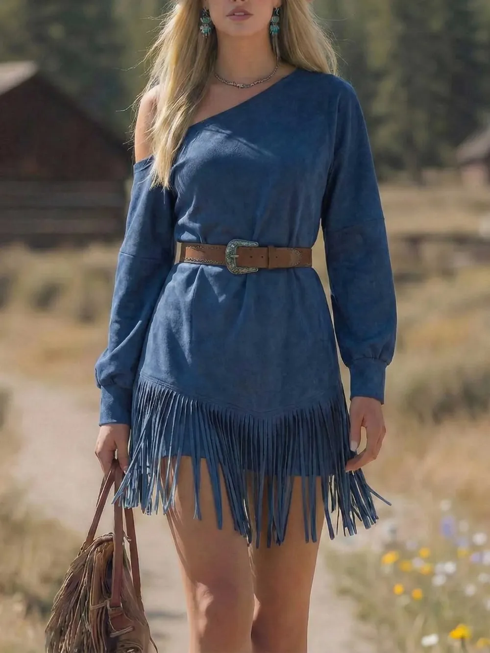 Women's Western-Style Vintage Off-The-Shoulder Fringed Dress (Without Belt)