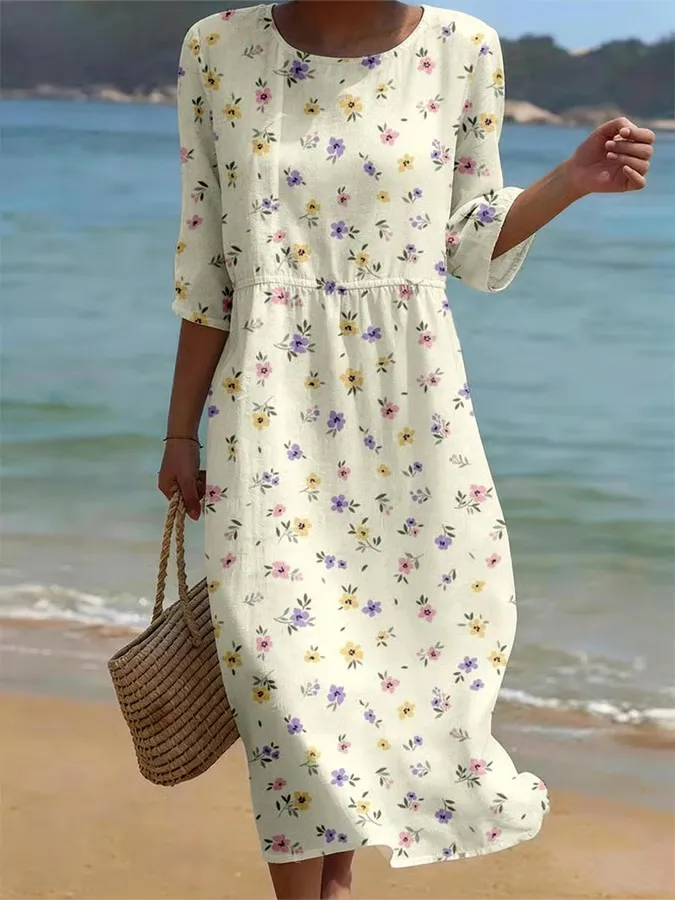 Women's Casual Round Neck Mid-Sleeve Floral Print Cotton Linen Dress