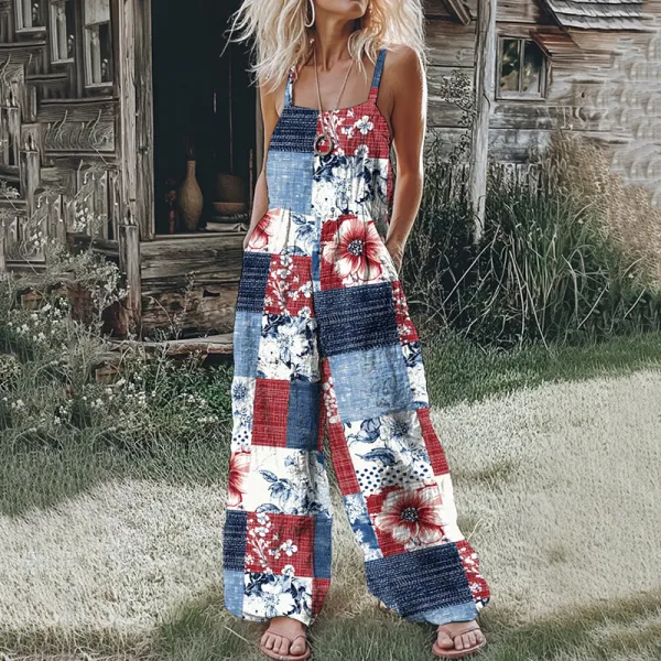 Women's Vintage Independence Day Floral Art Casual Jumpsuit