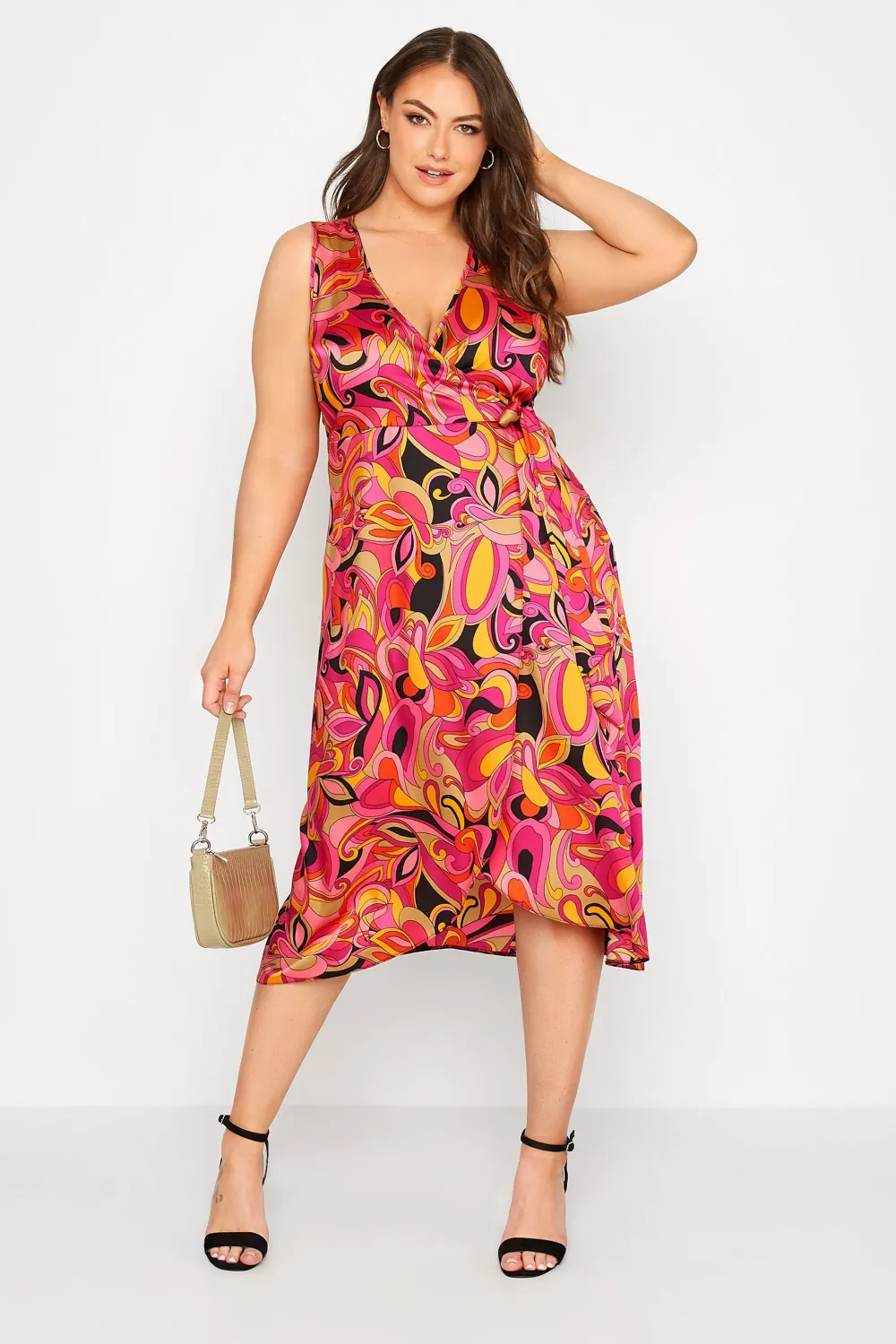 YOURS LONDON Curve Hot Pink Abstract Print Satin Wrap Dress
