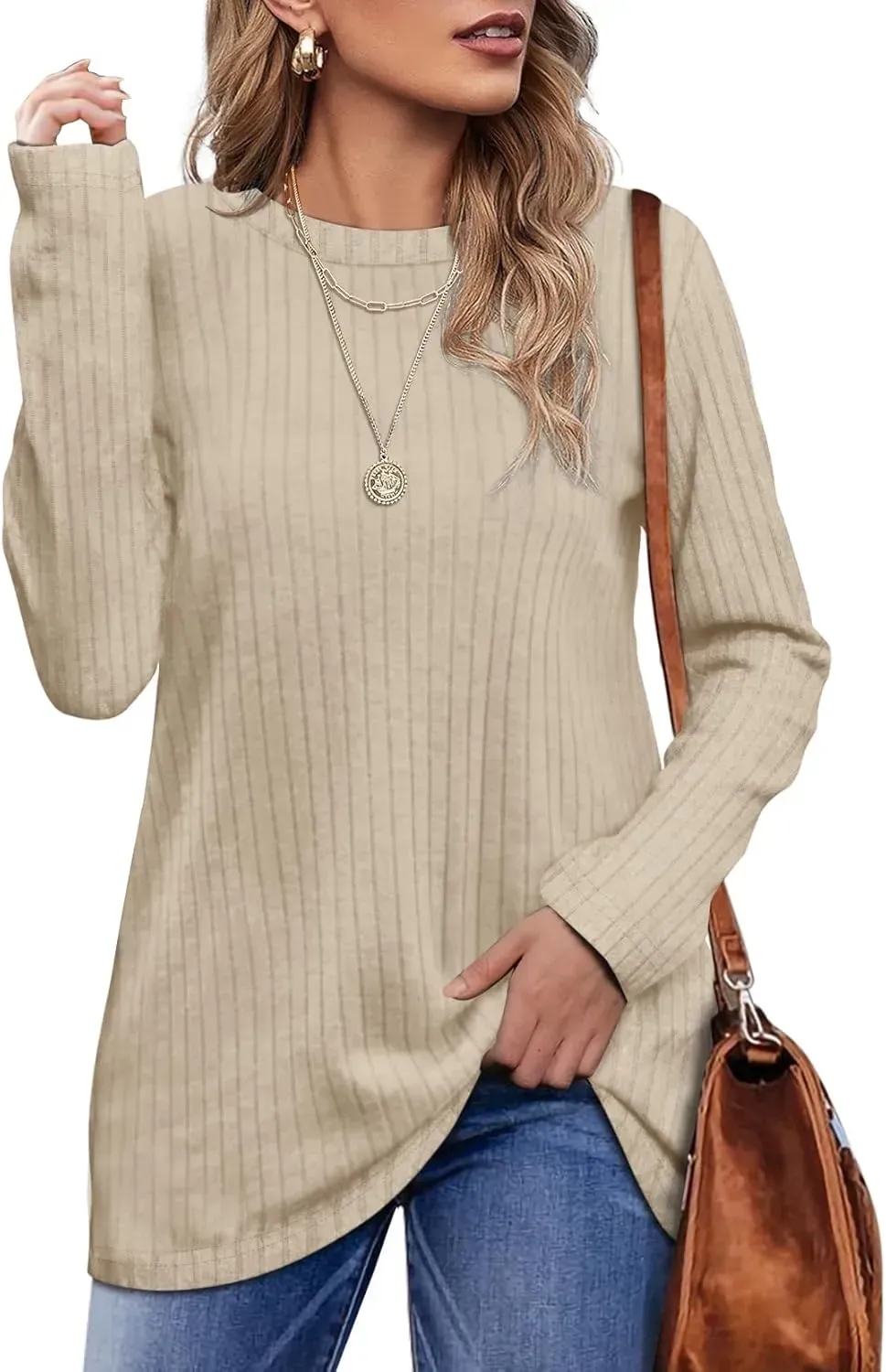 OFEEFAN Long Sleeve Shirts for Women Lightweight Crew Neck Casual Tunic Tops