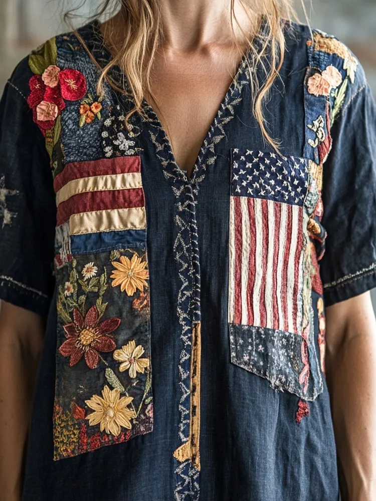 American Flag Inspired Flowers Embroidered Linen Shirt