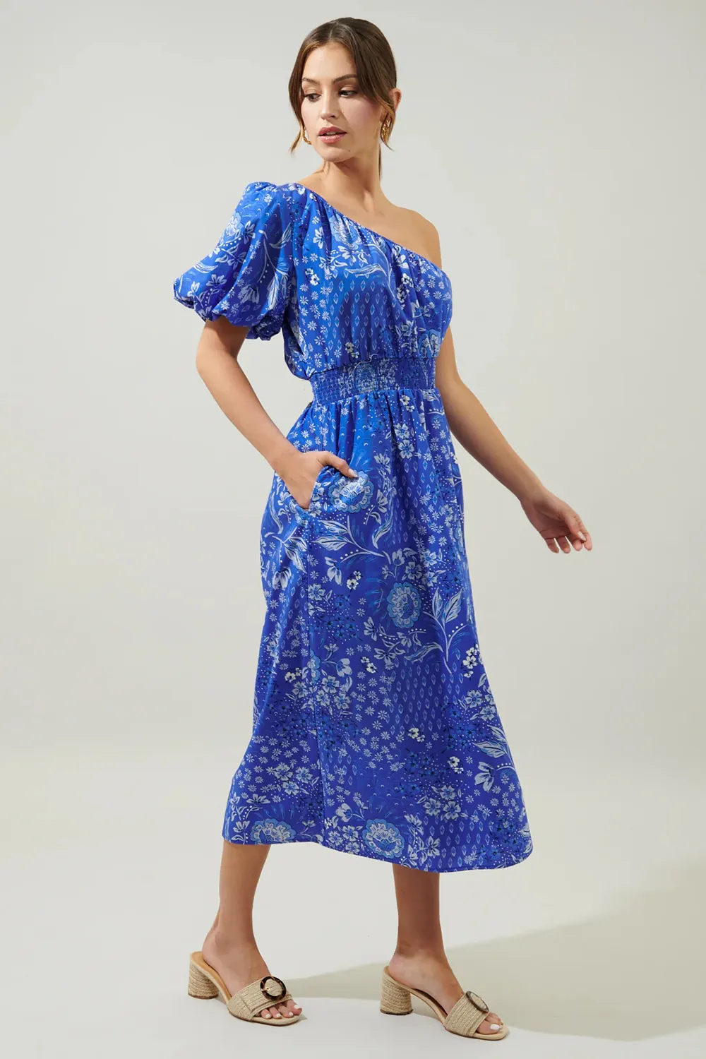 Blue Bridgette One Shoulder Midi Dress