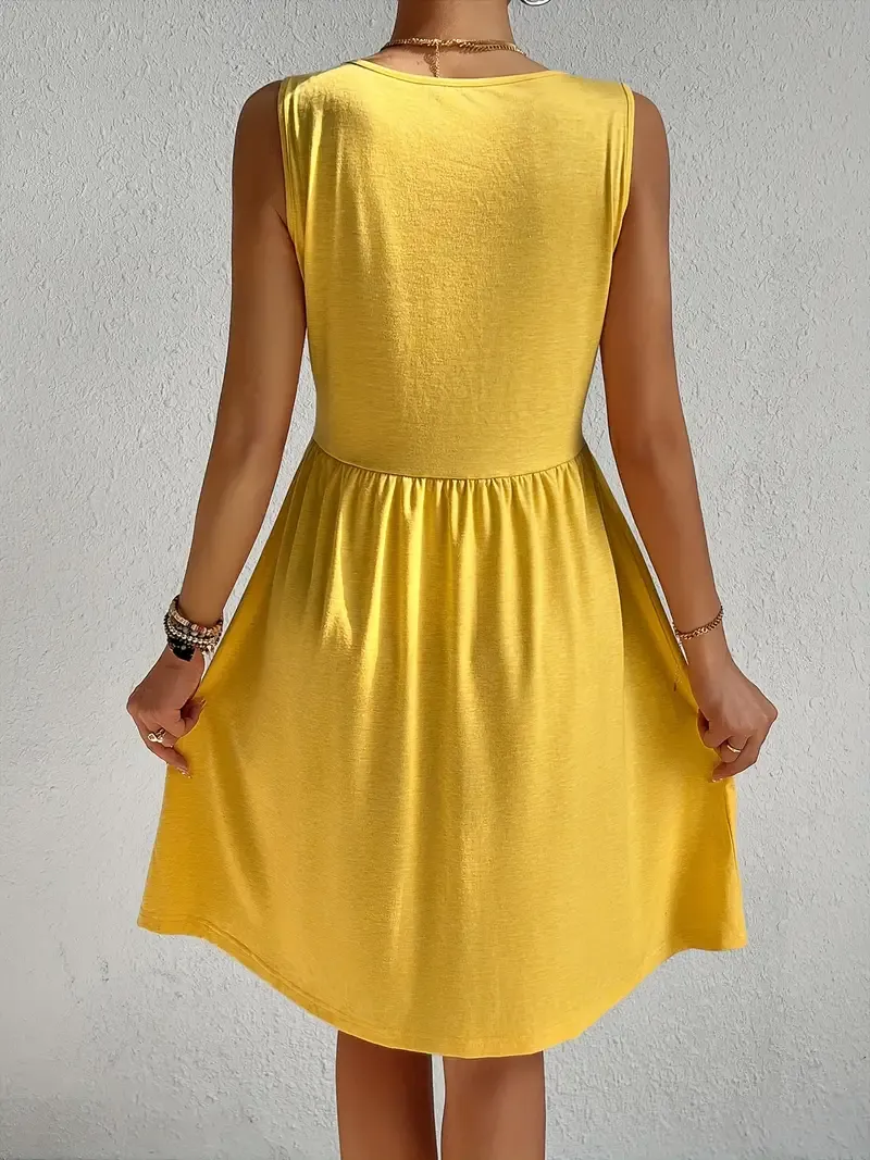 Chic Sleeveless V-Neck Dress for Women - Casual Solid Color with Button Detail, Perfect for Spring & Summer, Machine Washable