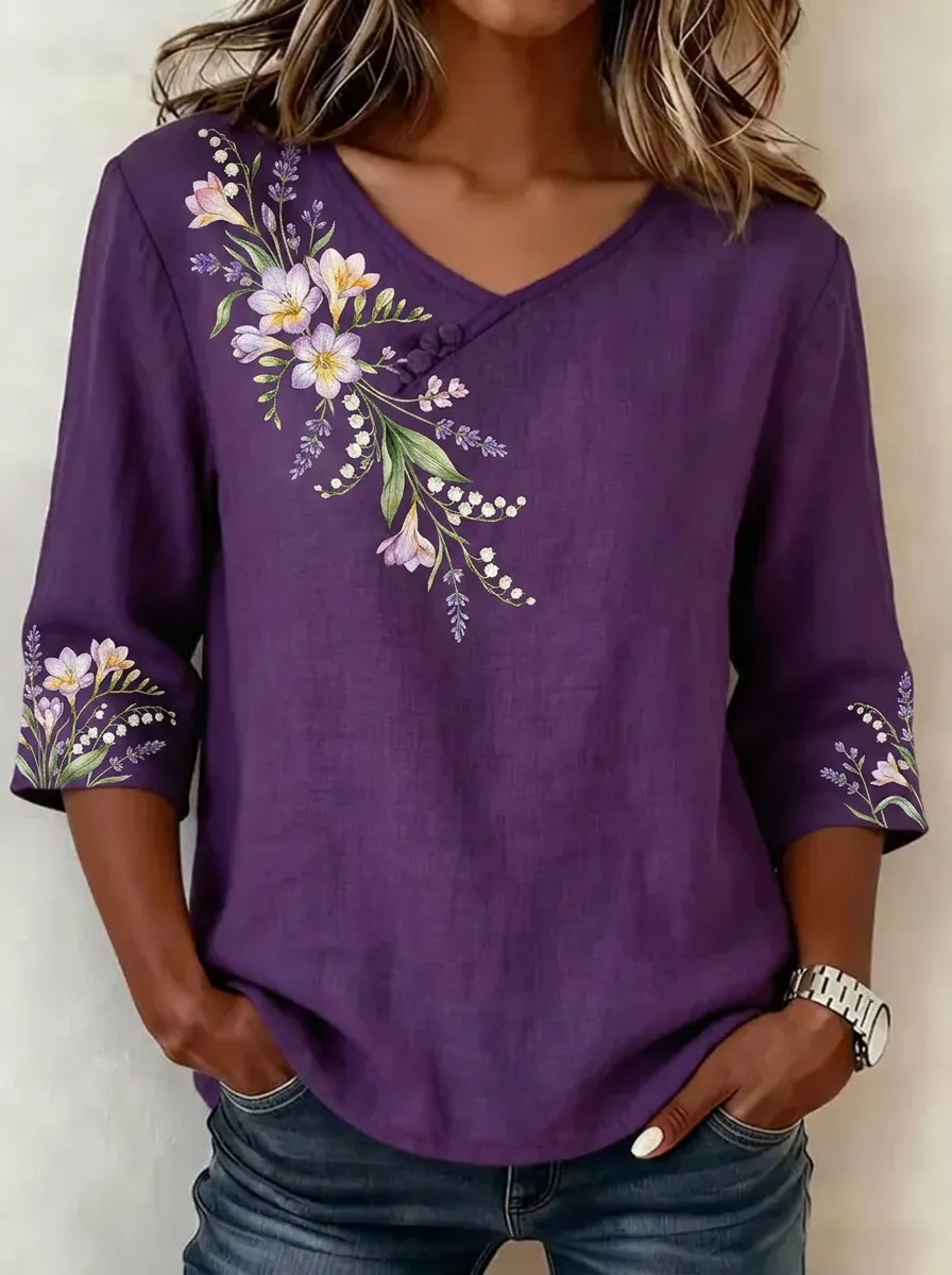 Women's Nashville Floral Botanical Printed V-neck Top