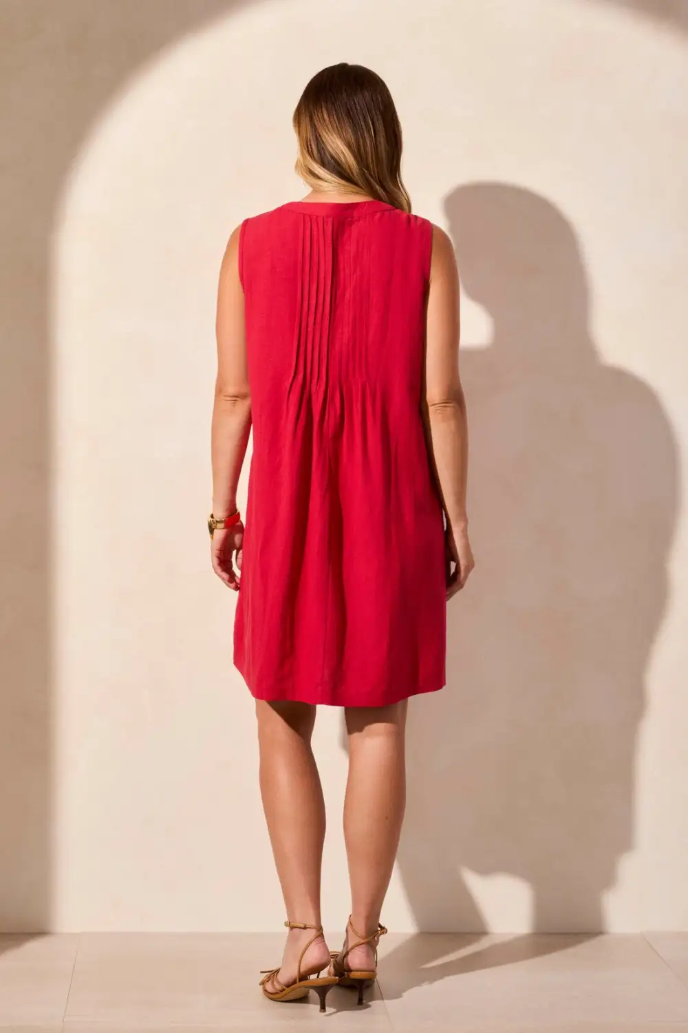 Linen Blend Pleated Sleeveless Dress-Cherry