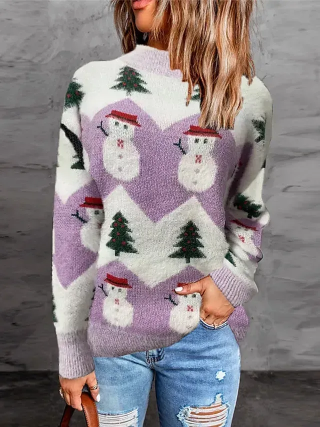 Women's Ugly Christmas Sweater Pullover Sweater Jumper Crew Neck Ribbed Knit Polyester Knitted Fall Winter Tunic Outdoor Christmas New Year Stylish Casual Soft Long Sleeve Snowman Xmas Tree Pink
