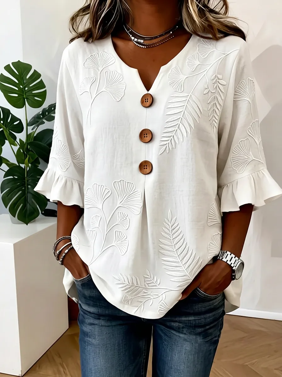 Women's Nashville Botanical Ginkgo Leaf Embroidered V-Neck Button Top