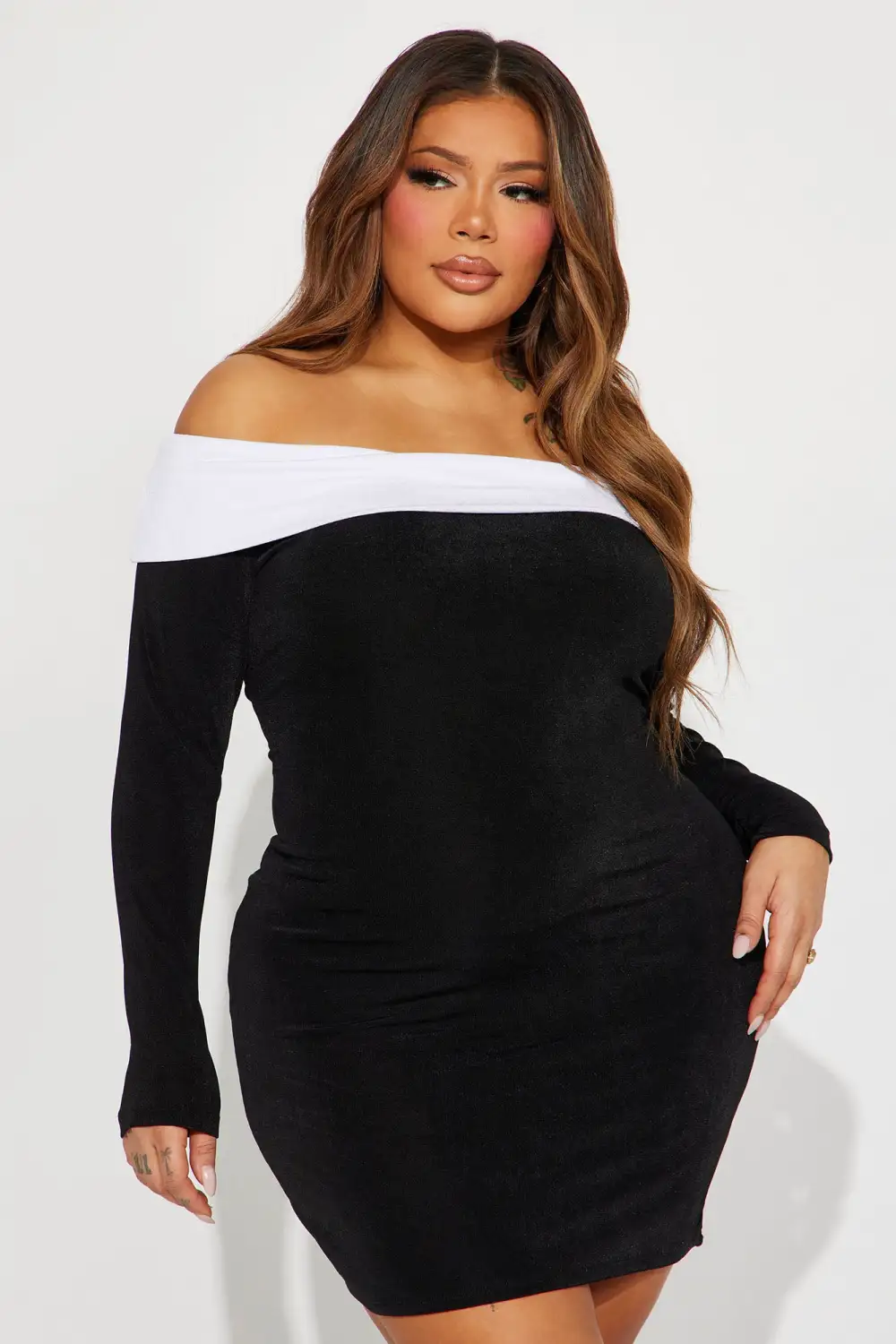 Mia Off Shoulder Mini Dress - Black/White