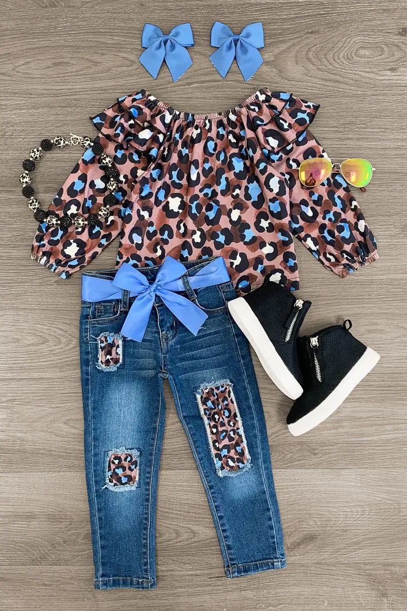 Blue Leopard Distressed Denim Pant Set