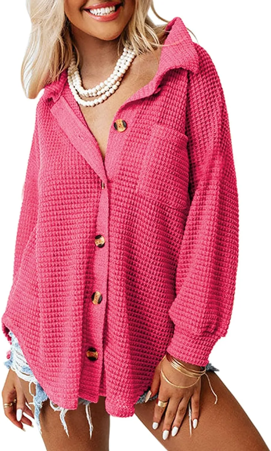 Womens Waffle Knit Button Down Shirts Casual Long Sleeve Shacket Jacket Boyfriend Tops Blouses Loose Fit