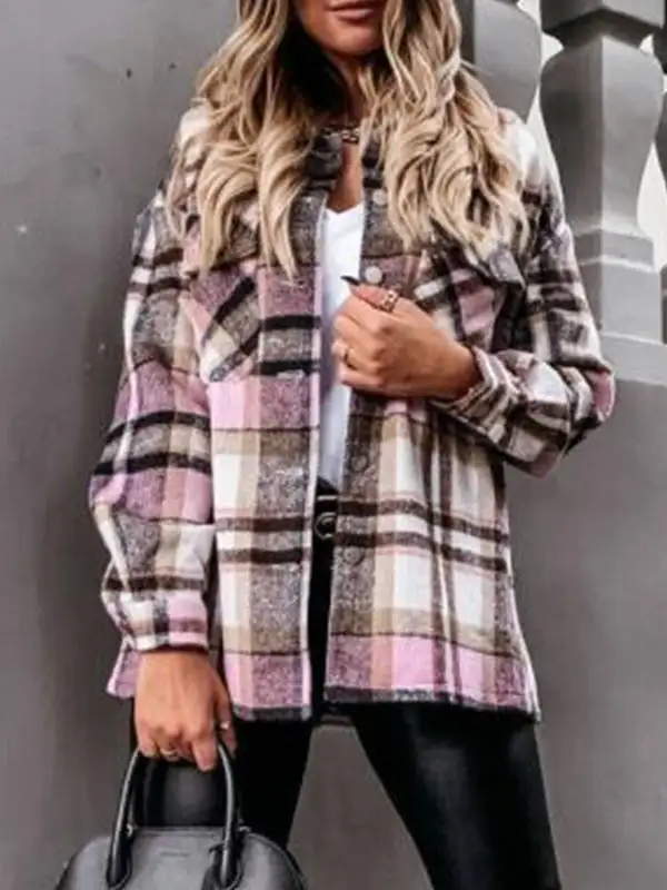Long Sleeve Plaid Print Casual Jacket