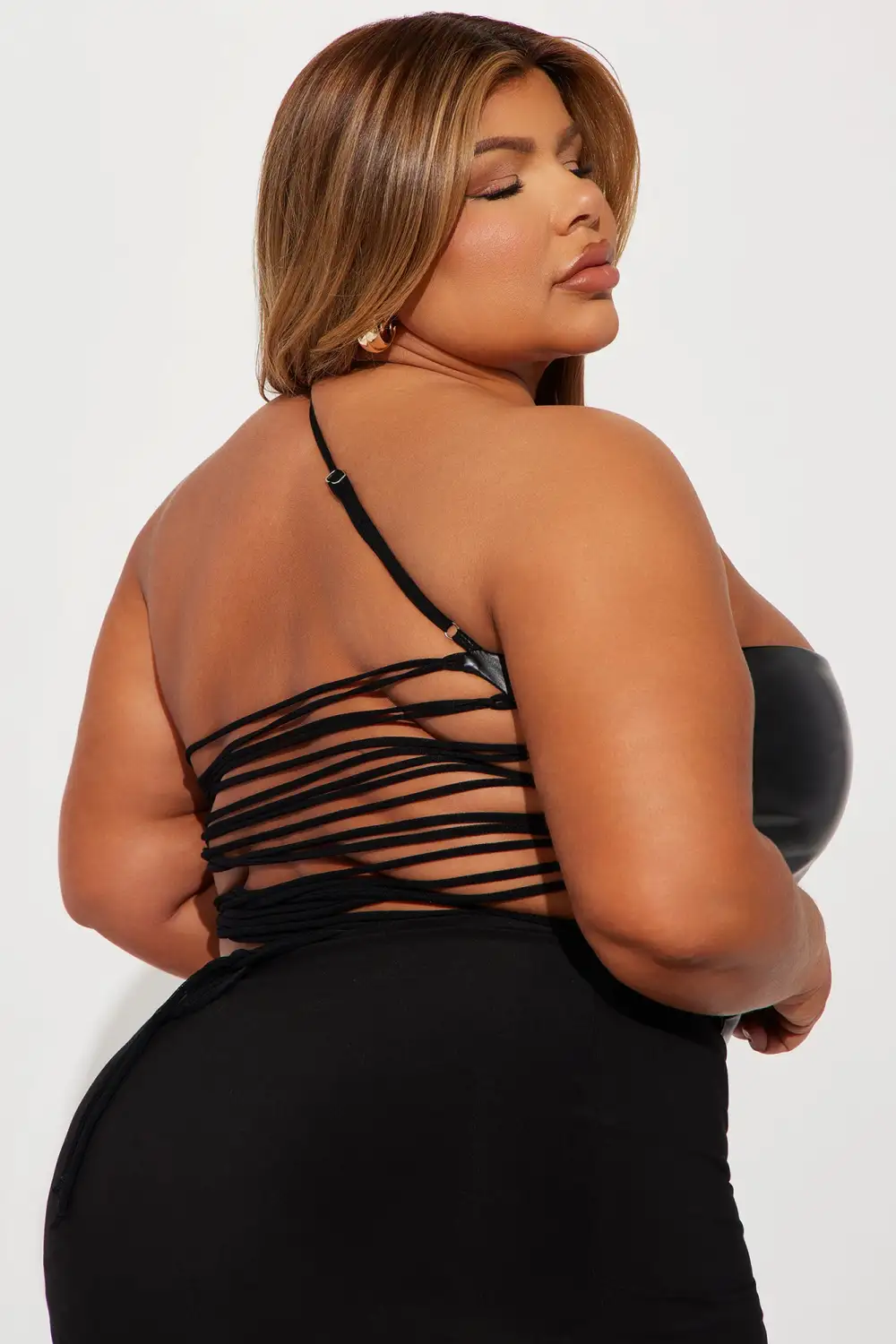 Wrapped Up One Shoulder PU Top - Black