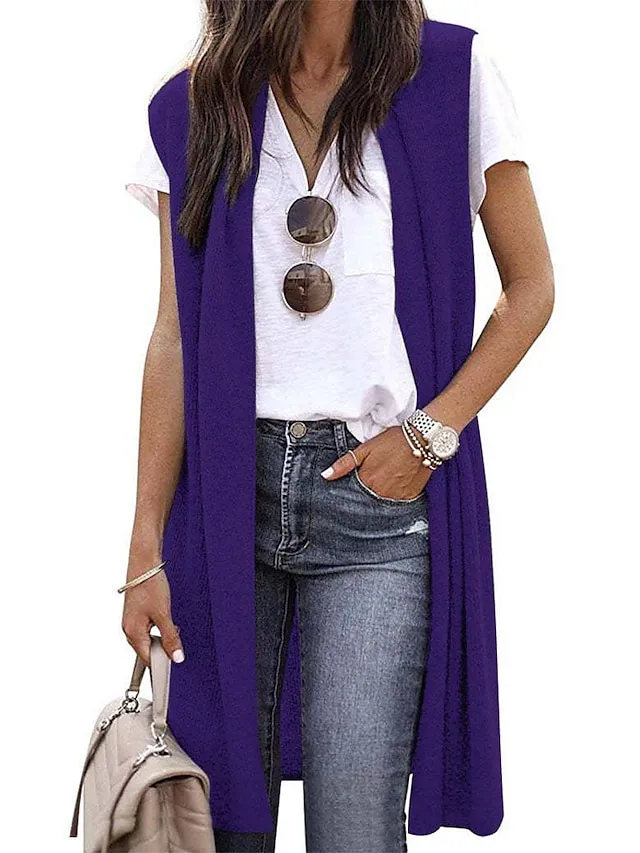 Women's Cardigan Knitted Solid Color Basic Casual Sleeveless Regular Fit  Cardigans Open Front Spring Summer Red Wine Dark Blue Orange / Going out