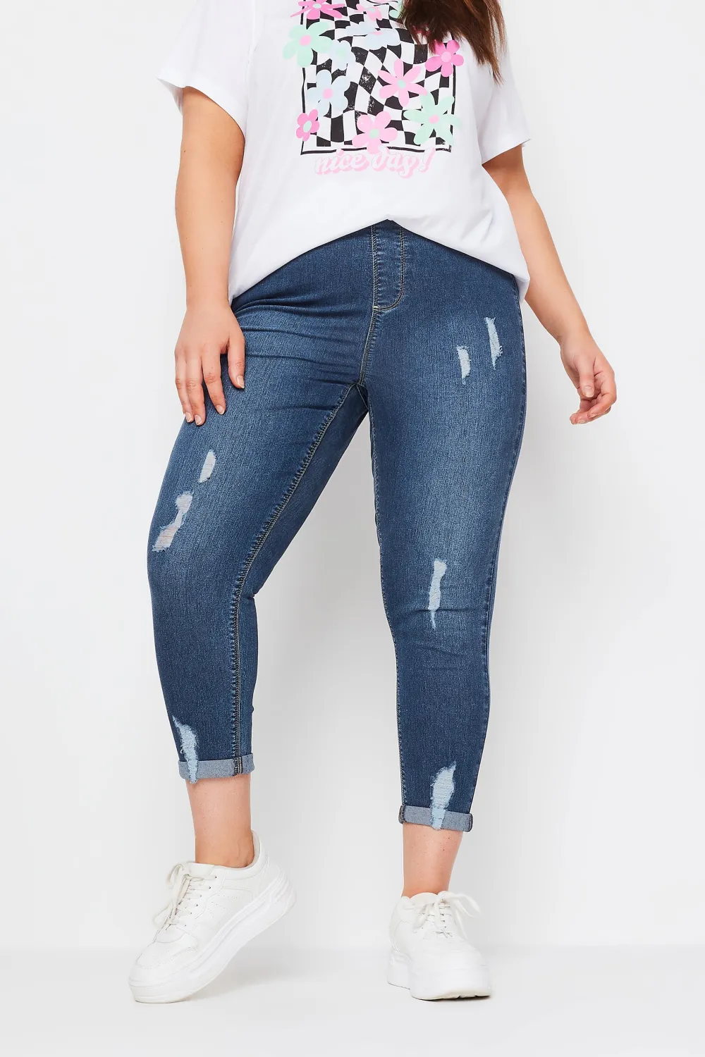 YOURS Curve Mid Wash Blue Ripped Turn Up Cropped GRACE Jeggings