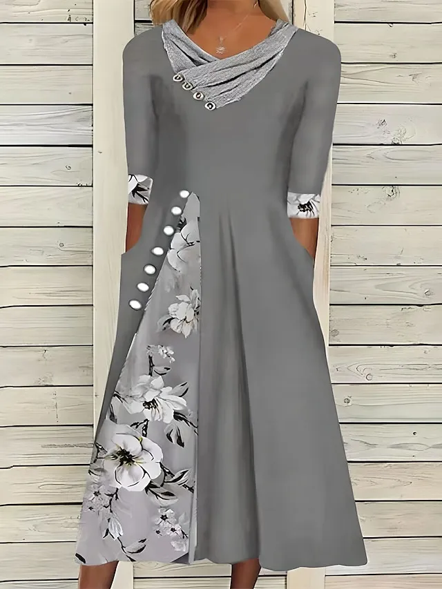 Women‘s Swing Dress Midi Dress Green Blue Gray Half Sleeve Floral Split Print Summer Spring V Neck Stylish Casual 2023 S M L XL XXL 3XL