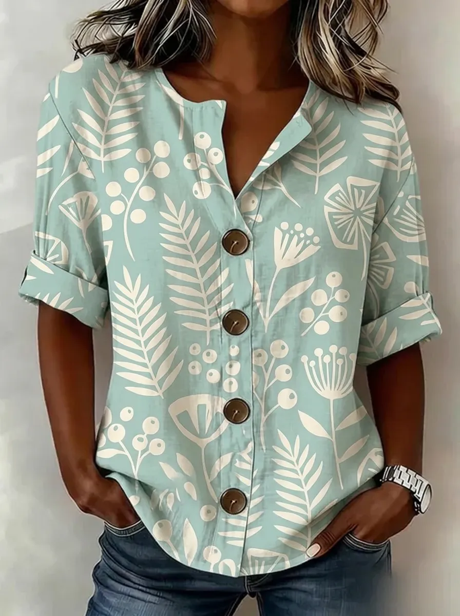 Women's Nashville Botanical Leaf Floral Printed Button-Up Shirt