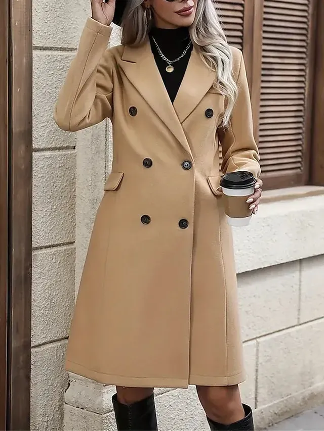 Women's Winter Coat Long Overcoat Double Breasted Lapel Trench Coat Thermal Warm Windproof Jacket Fall Casual Street Outerwear Long Sleeve Fall Winter Black Khaki