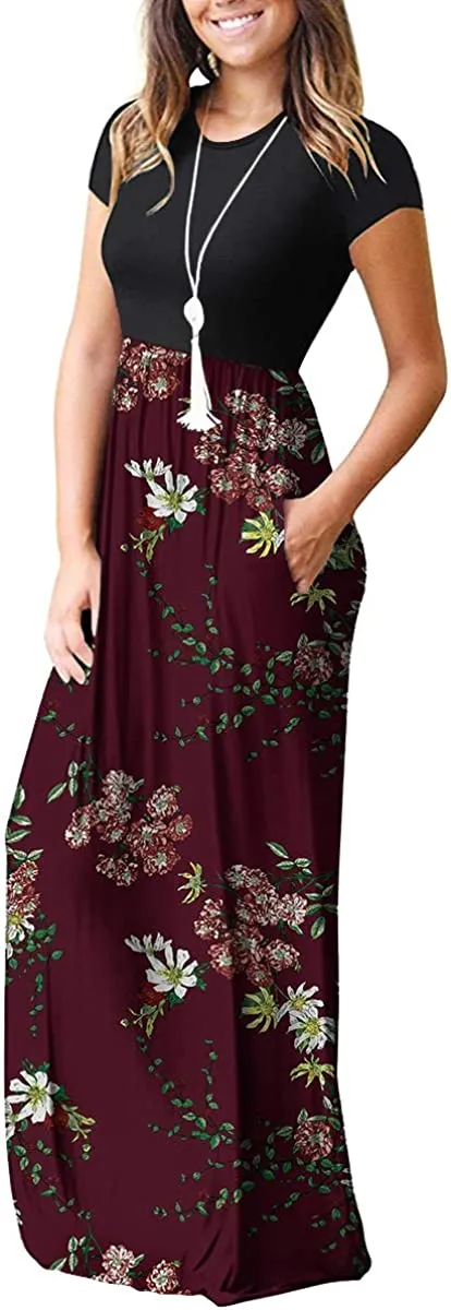 Women's Short Sleeve Loose Plain Maxi Dresses Casual Long Dresses with Pockets