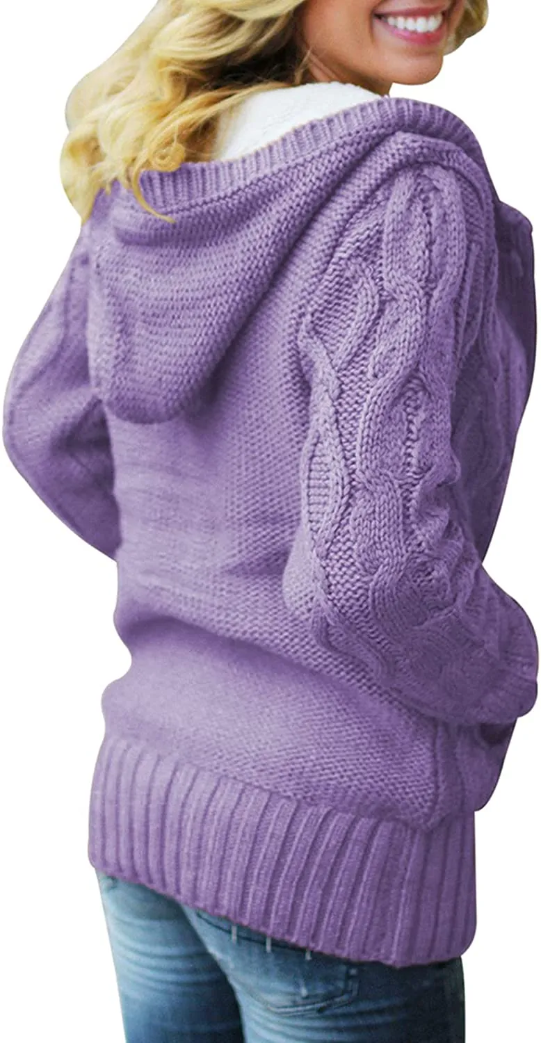 Womens Hooded Cardigans Button Up Cable Knit Sweater Coat Outerwear with Pockets
