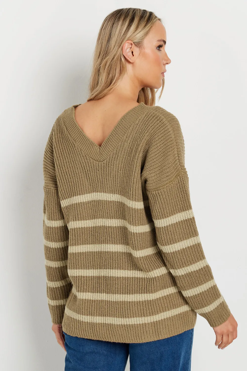 LTS Tall Brown V-Neck Stripe Jumper