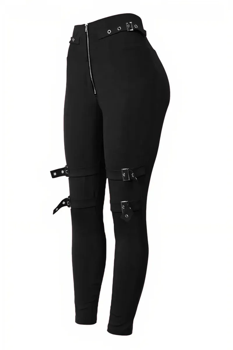 Zip Front Buckle Belted Skinny Pants