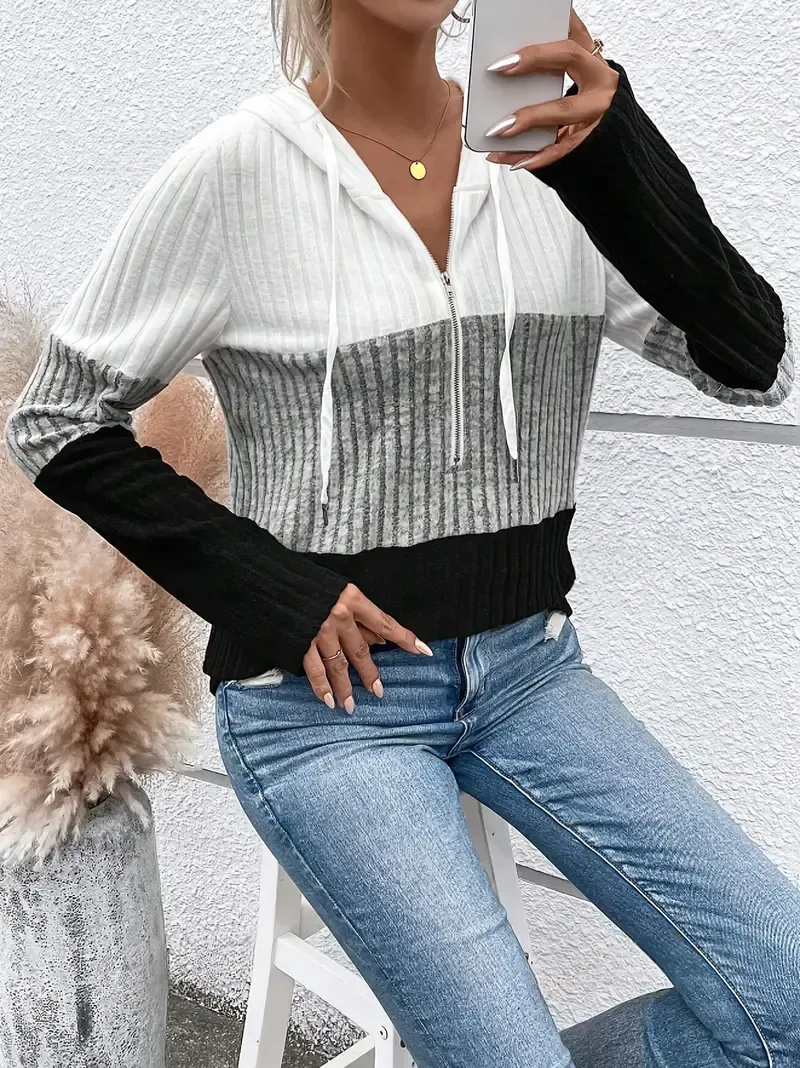 Women's Casual Color Block Zip-Up Hoodie with Drawstring - Ribbed Texture, Long Sleeves, Machine Washable, Polyester & Spandex Blend, Ideal for Spring/Fall, Oversized Hoodie