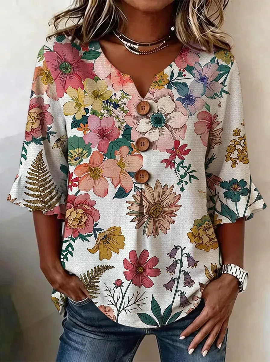 Women's Nashville Floral Botanical Printed V-Neck Button Top
