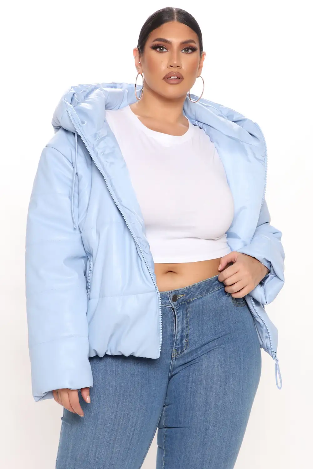 Fashion Finds Faux Leather Puffer Jacket - Light Blue