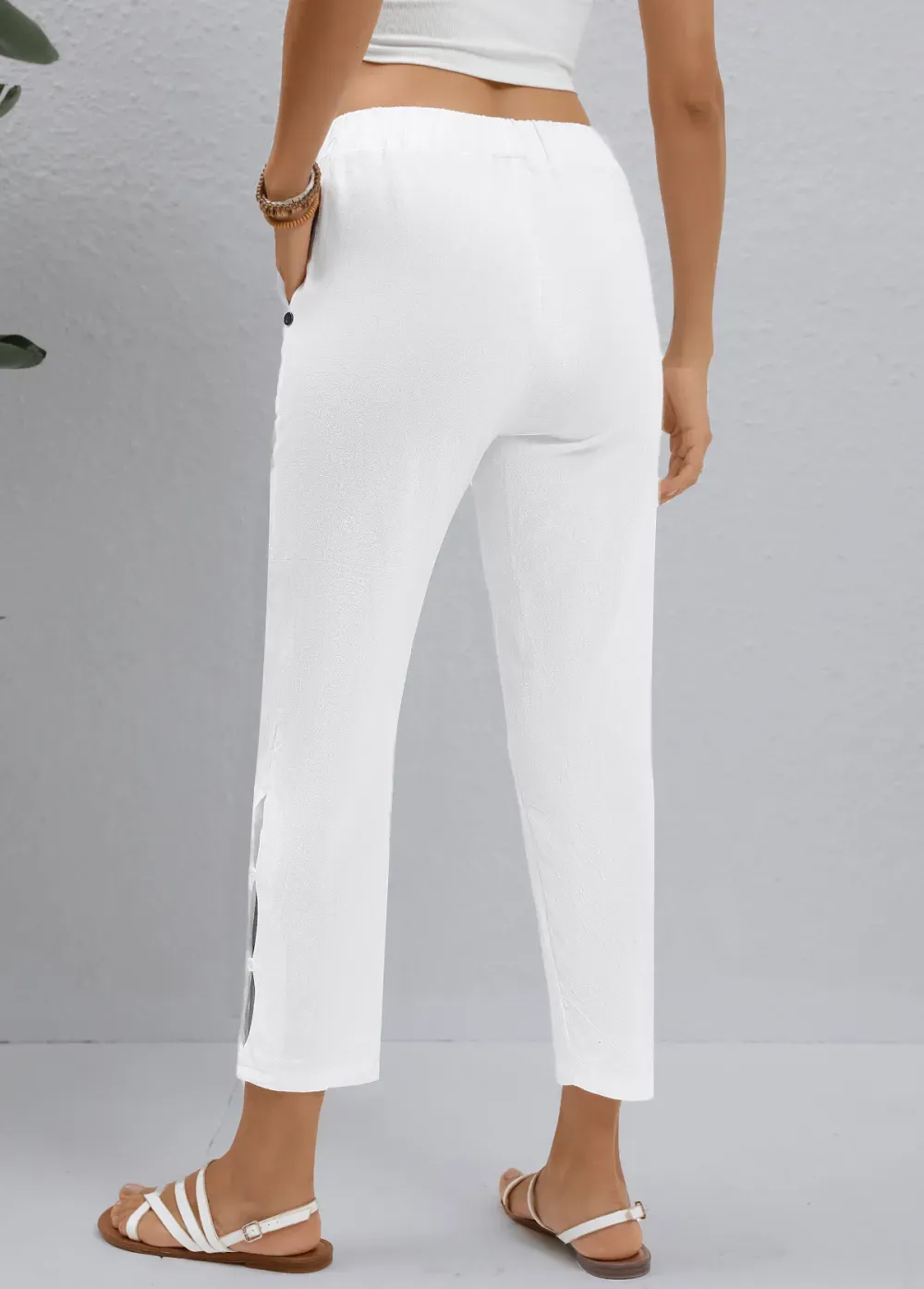 White Button Elastic Waist High Waisted Pants
