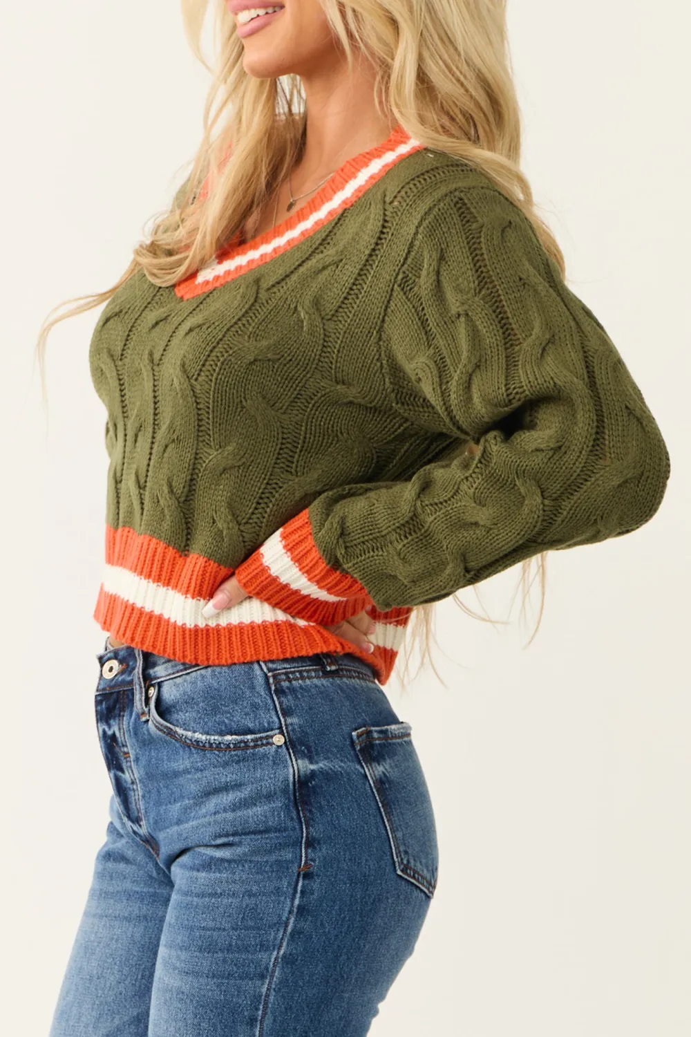 Army Green Knit Contrast Stripe Trim Sweater