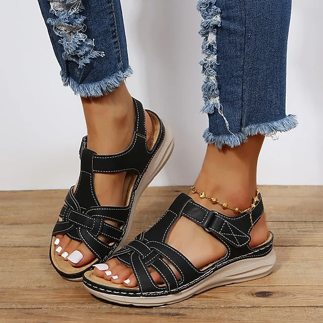 Women's Sandals Wedge Sandals Comfort Shoes Plus Size Outdoor Daily Beach Summer Flat Heel Open Toe Vintage Classic Casual Walking Shoes Faux Leather Magic Tape Solid Color Solid Colored Black Brown