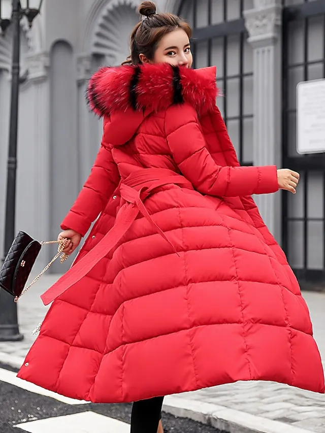 Women's Winter Jacket Puffer Jacket Hoodie Jacket Outdoor Street Daily Winter Fall Long Coat Regular Fit Windproof Warm Sports Streetwear Casual Jacket Long Sleeve Solid Color Rust Red caramel