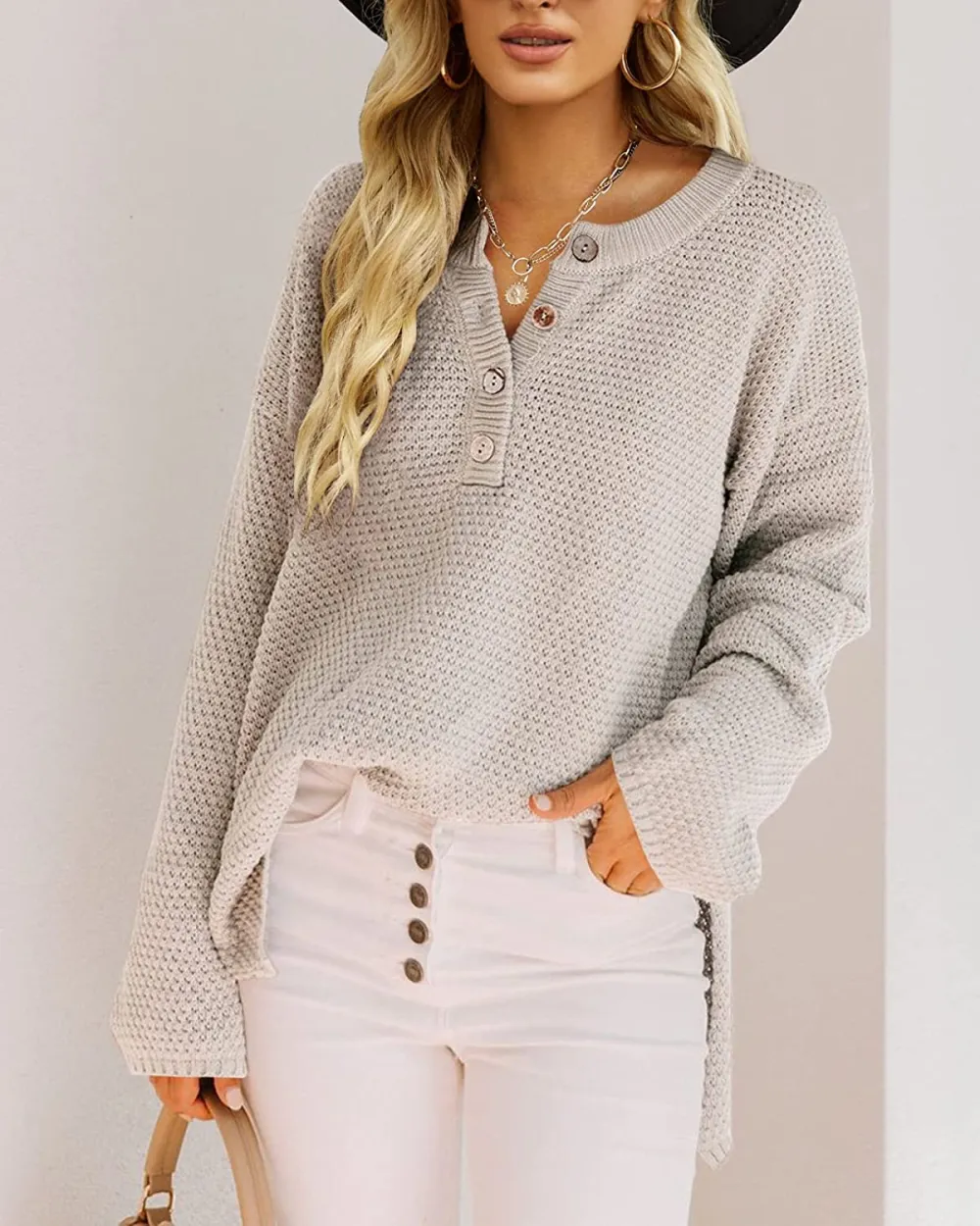 Women's Oversized Sweaters Batwing Long Sleeve Loose V Neck Button Henley Tops Pullover Knit Jumper