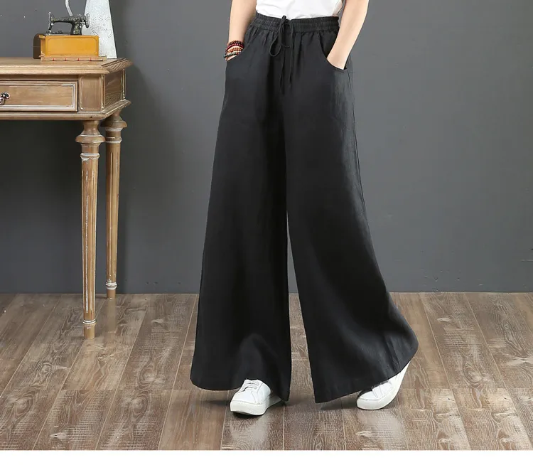 Women's cotton and linen wide-leg pants