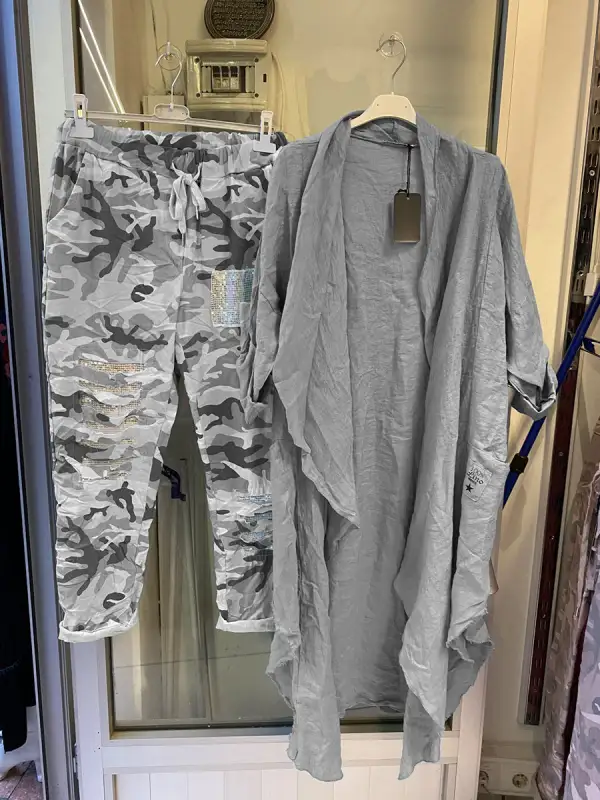 Solid Color Cardigan And Camouflage Pants Set