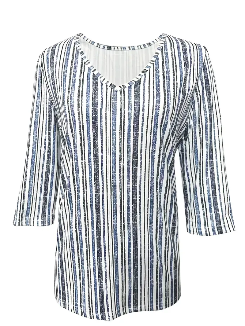 Striped Print V Neck T-Shirt, Casual Half Sleeve T-Shirt For Spring & Summer, Women's Clothing