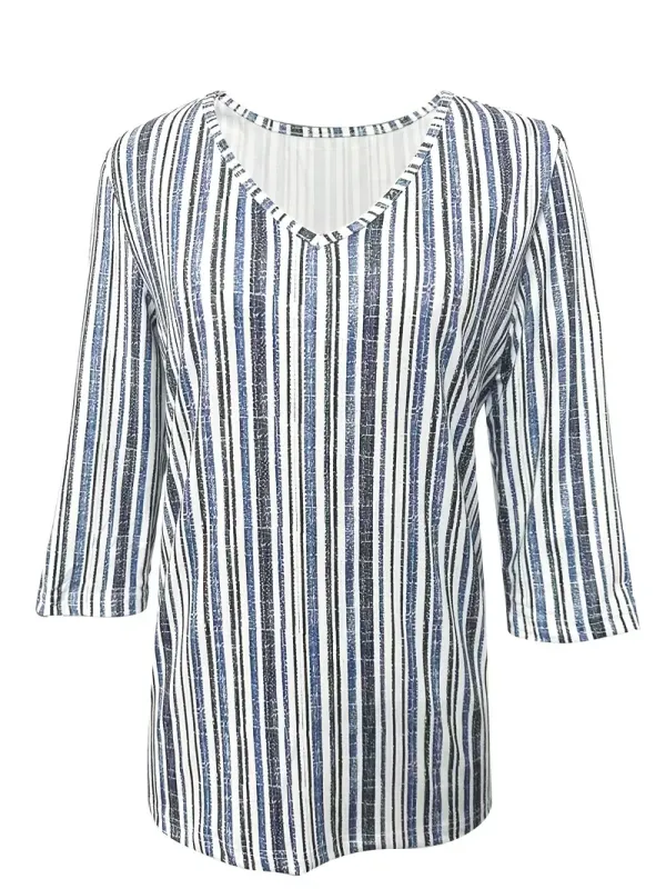 Striped Print V Neck T-Shirt, Casual Half Sleeve T-Shirt For Spring & Summer, Women's Clothing