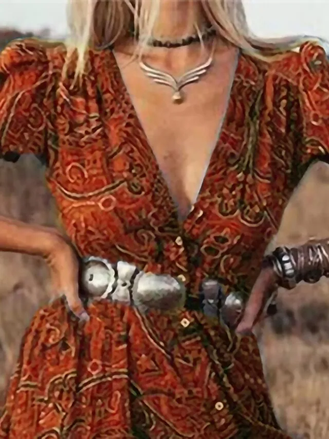 Women's Swing Dress Boho Dress Long Dress Maxi Dress Tribal Ethnic Blue Red Brown Short Sleeve Floral Button Split Print Spring Summer V Neck Casual Belt Not Included Loose Fit 2023 S M L XL XXL 3XL